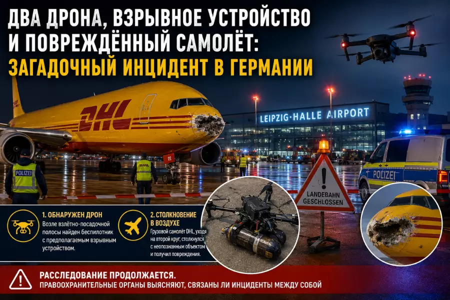 Два дрона, взрывное устройство и повреждённый самолёт: загадочный инцидент расследуют в Германии