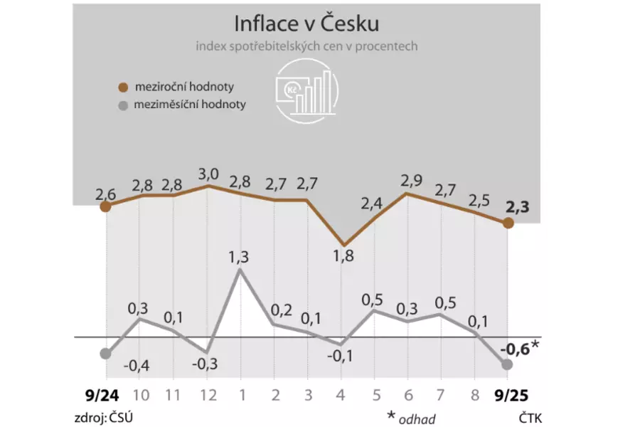 Инфляция в Чехии замедлилась до 2,3% — минимальный показатель с начала года